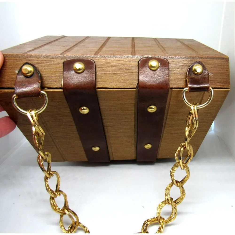 Vintage box purse wooden chest gold tone chain handle by Mister Ernest 6x6x4.5